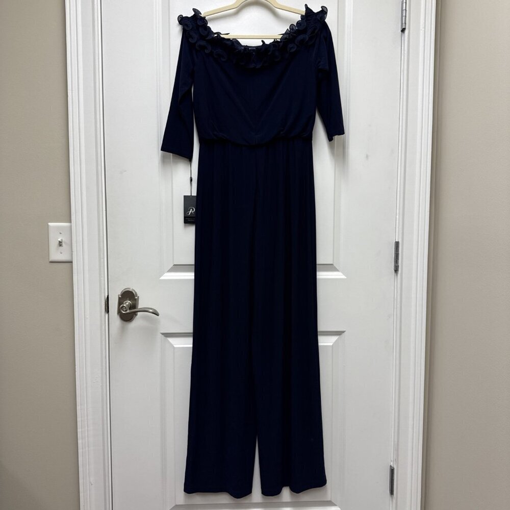 New ADRIANNA PAPELL Size 8 Navy Chiffon Ruffle Wide Leg Off Shoulder Jumpsuit - Picture 6 of 11